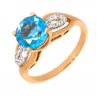 Золотое кольцо с бриллиантом и топазом swiss blue (арт. 18727-400)