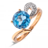 Каблучка з діамантом 0,07ct та топазом Swiss Blue 2,32ct із червоного золота 585°, арт. 9Sv-0033506-12-323