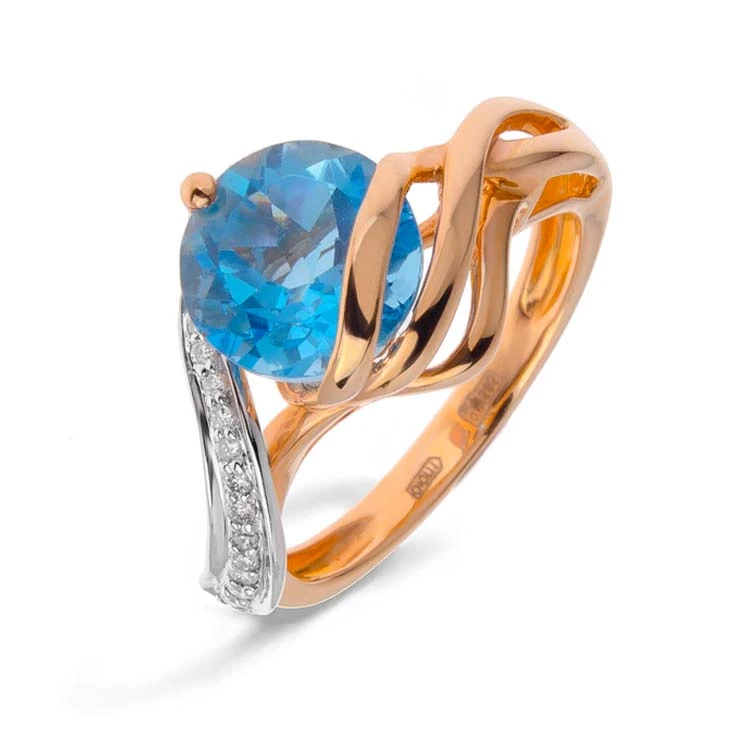 Золота каблучка з діамантами з топазом swiss blue (арт. 9Sv-0033496-12-335-652)