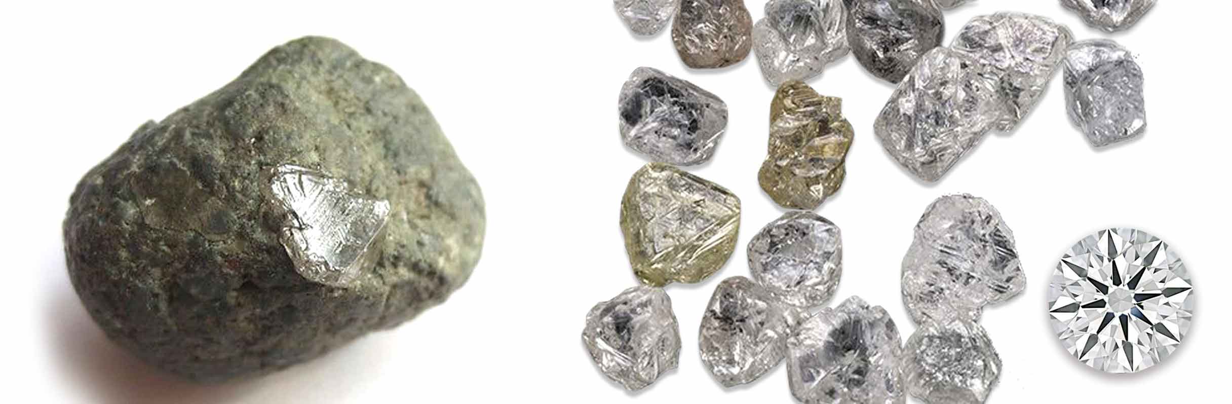 Кимберлит, неограненные природные алмазы и ограненный бриллиант